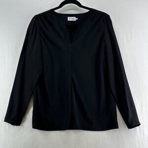 R Label Silk Blouse Womens XS Black V-Neck Long Puff Sleeve Career Popover Black